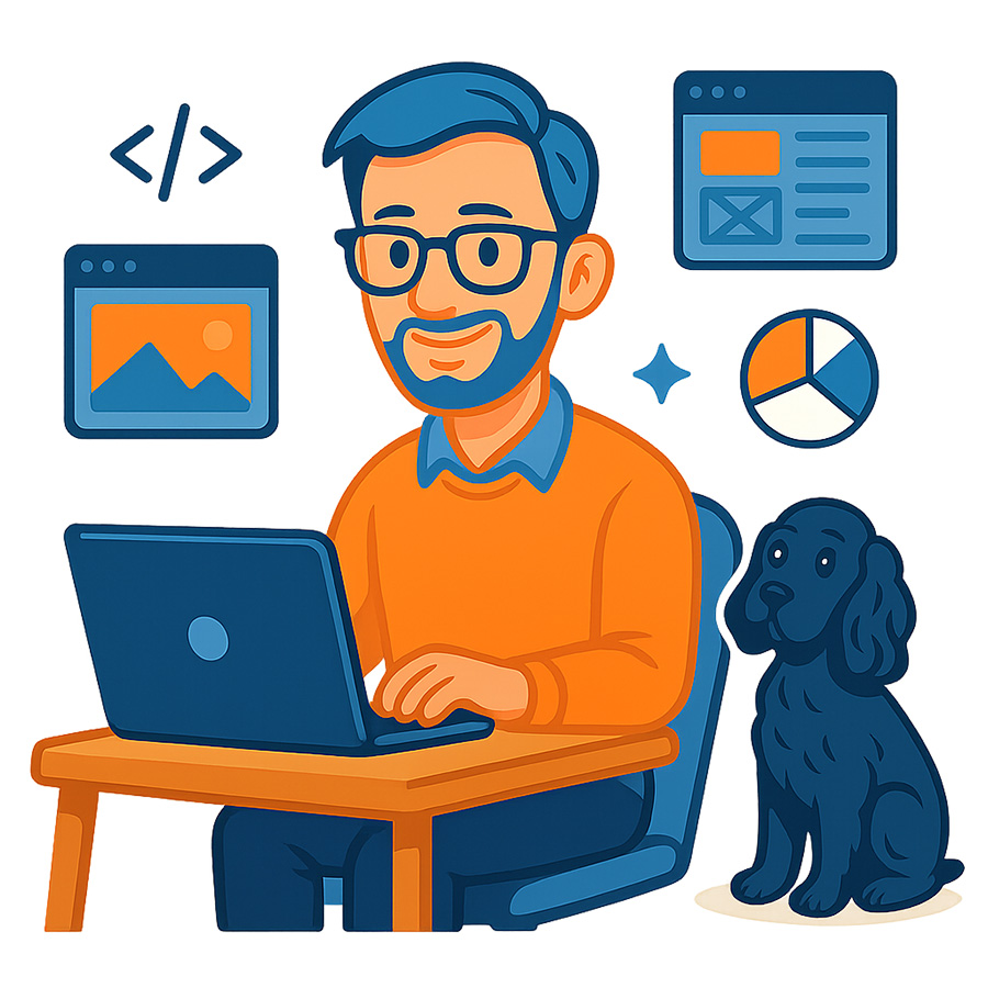 Playful orange & blue caricature of Max at a laptop with web design tools